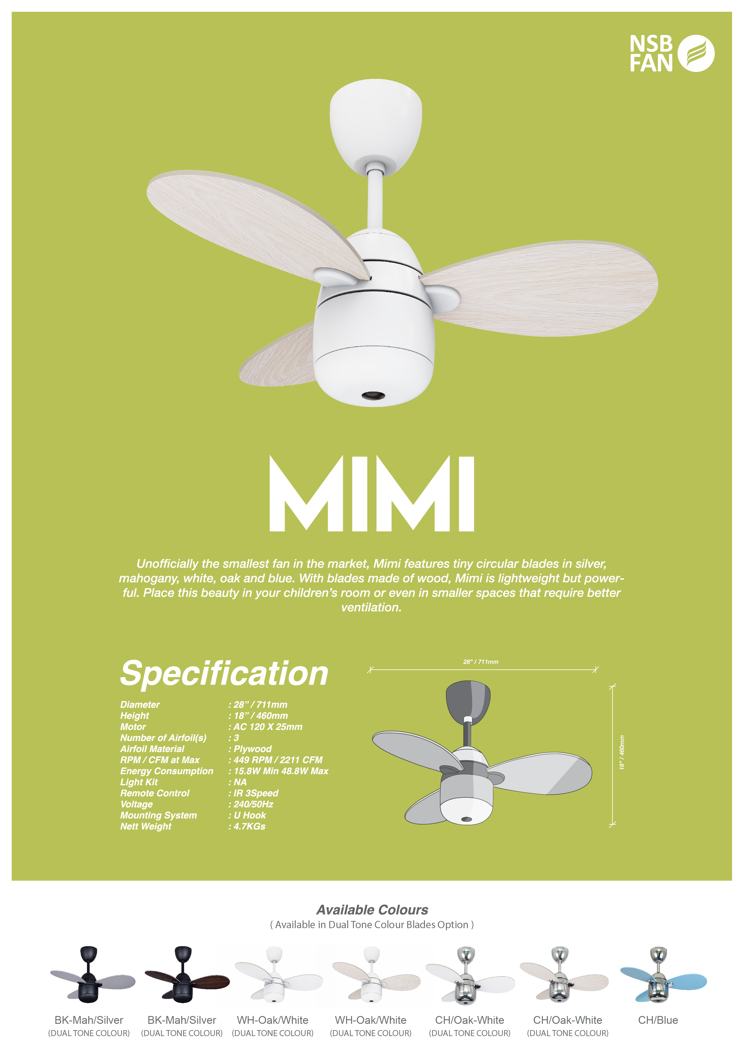 NSB MIMI 3 Blades Remote Control Ceiling Fan 28
